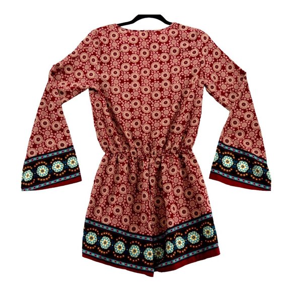 Coverstitched Romper Small Burgundy & Teal Medallion Surplice Size‎ S - Picture 2 of 3